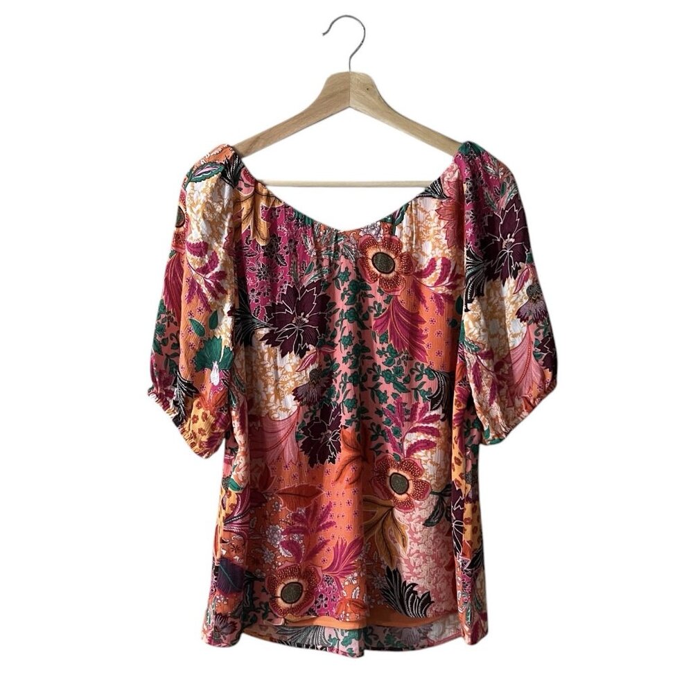 Loft Patchwork Bloom Blouse Size Medium Orange Pi… - image 3